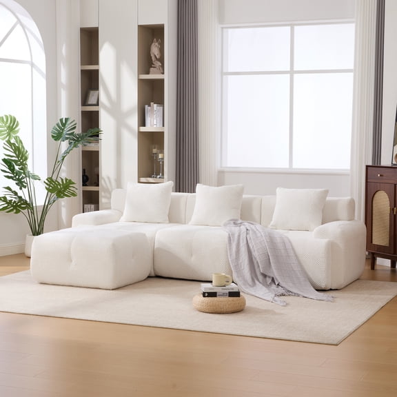 104" Modular Sectional Sofa, L-Shaped Boneless Couch with Ottoman, Convertible Cloud Couch with Tufted Design for Living Room, No Assembly Required, Ivory