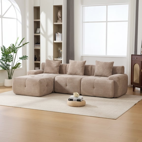 104" Modular Sectional Sofa, L-Shaped Boneless Couch with Ottoman, Convertible Cloud Couch with Tufted Design for Living Room, No Assembly Required, Taupe