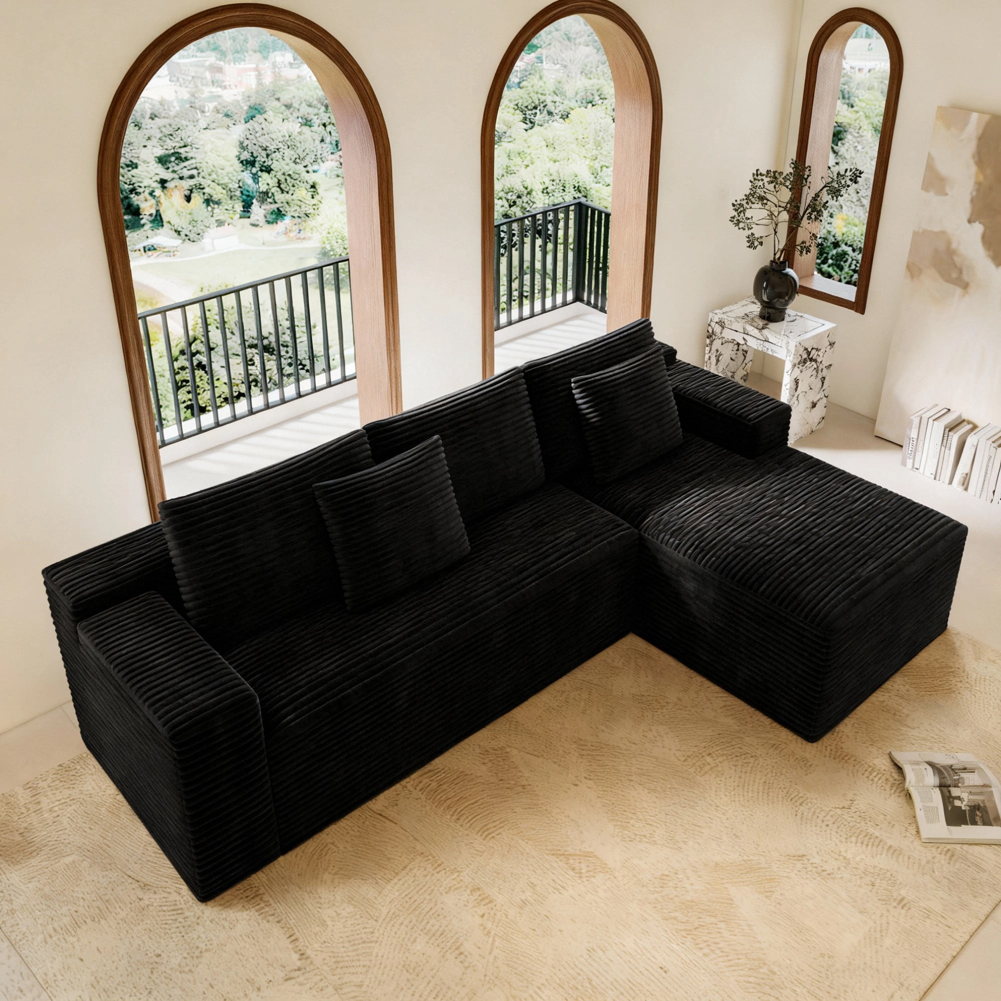 104" Modular Sectional Sofa,Oversized L-Shape Cloud Couch,Modern Corduroy Sleeper Couches Boneless Couches for Living Room,Bedroom,Apartmen,No Assembly Required,Black-Right Chaise