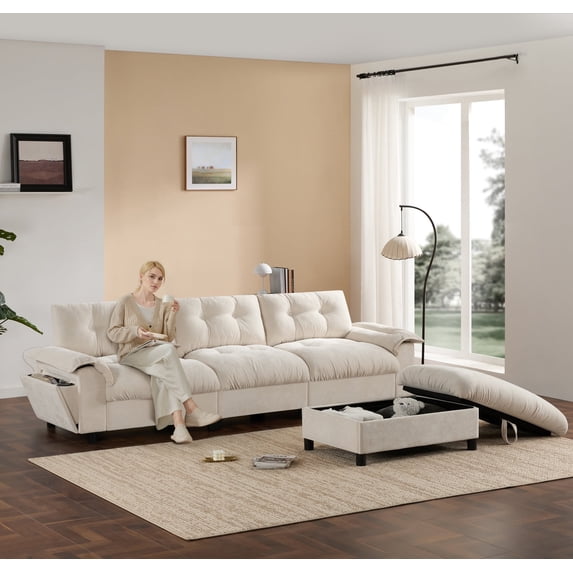 104" Modular Sectional Sofa with USB Ports and Cup Holder, Chenille L-Shaped Couch with Storage Ottoman and Side Pockets, Cloud Sectional Couch for Living Room, Beige