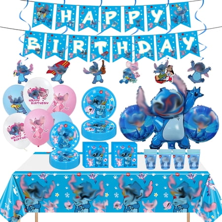 103 PCS Stitch Birthday Party Decorations Includes Banner Hanging Swirls Balloons Paper Plate Napkins Paper Cups and Tablecloth for Stitch Birthday Party