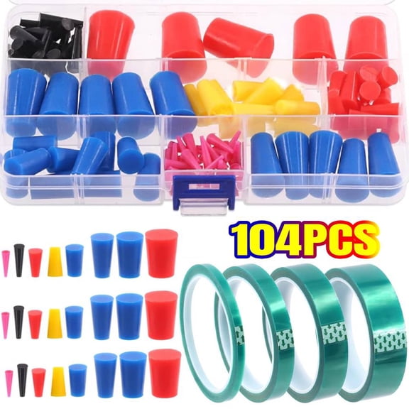 104 Pcs 36 Yards 4 Sizes 1/4",1/2", 7/10", 1" Green Powder Coating Masking PET Tape with High Temp Silicone Rubber Protective Tapered Plug Assortment Kit for Painting, Powder Coating