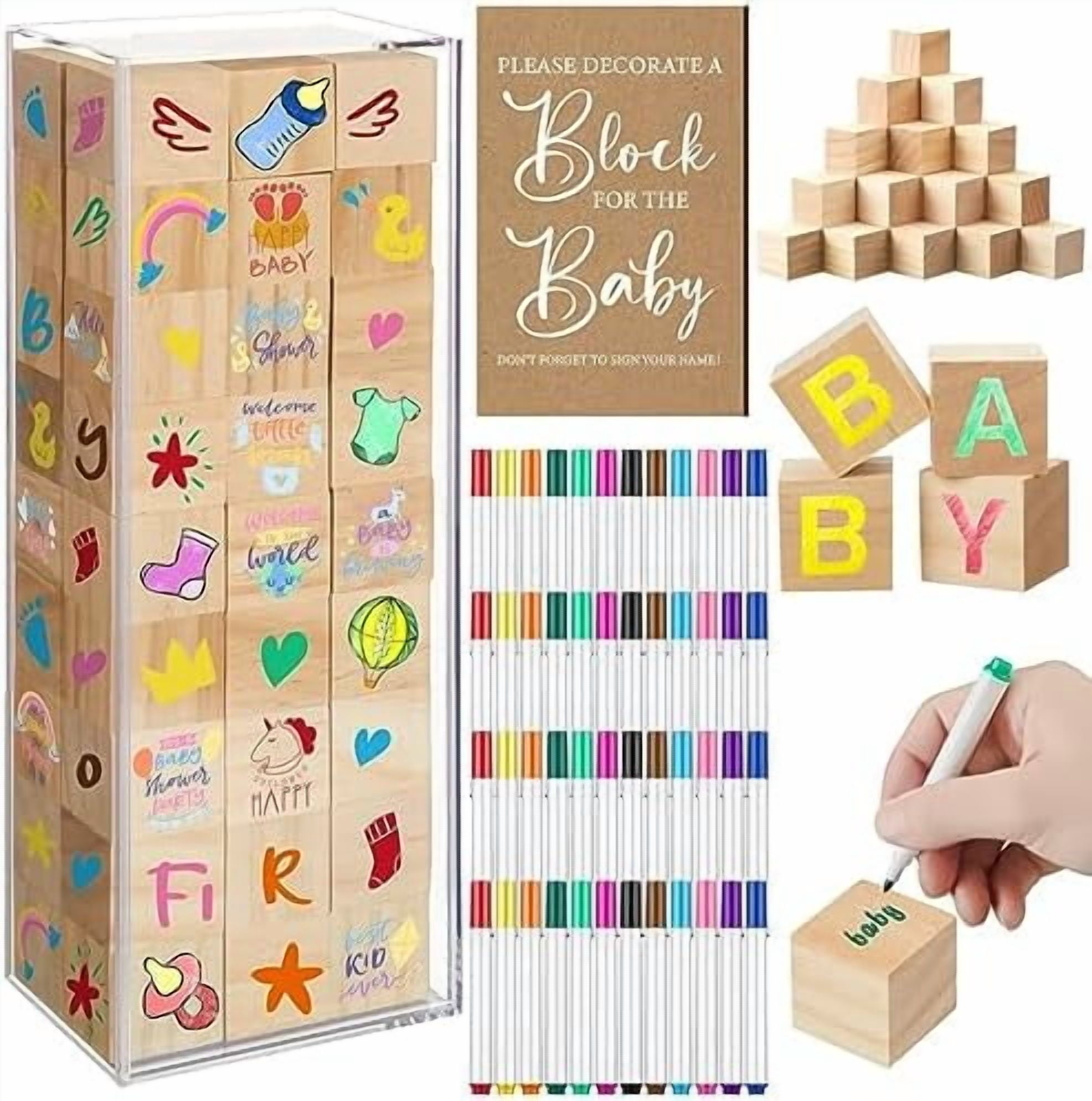 104 Pcs Baby Shower Game Sign Set Baby Shower Blocks to Decorate 54 DIY Blank Wooden Block 48 Watercolor Markers with Acrylic Box Set for Games Gender Reveals Party Supplies