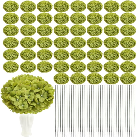 104 Pcs Green Artificial Hydrangea Flower Heads with Stems 5.1 Inch Diameter