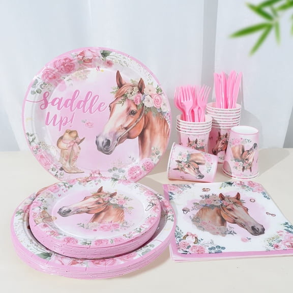 104 Pcs Pink Floral Horse Theme Birthday Graduation Summer PARTY plate Napkins For 16 Guests