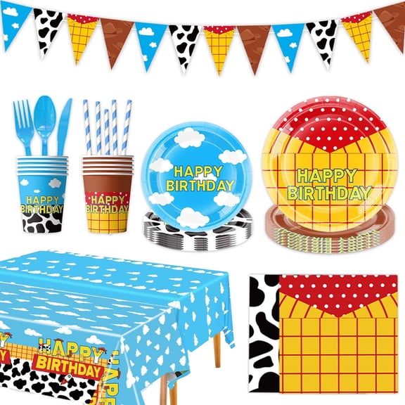 104 Pcs Toy Theme Party Supplies, Cartoon Toy Theme Party Decorations, Blue Sky and White Clouds Pattern With Cow Print Design,Cartoon Story Tableware Party Decoration