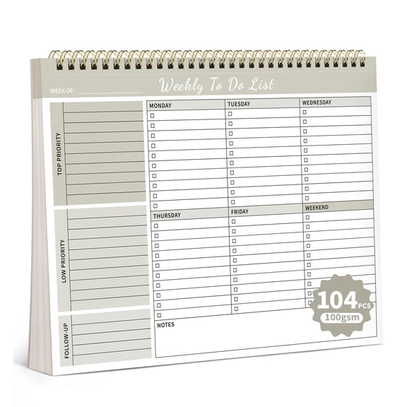 104 Pgs Weekly To Do List Notepad, 52 Duplex-Printed Undated Sheets 100 GSM（8.5"×11") Weekly Desk Planner For Work Home School Office Desk Accessories Supplies & Goal Setting Tasks - Beige