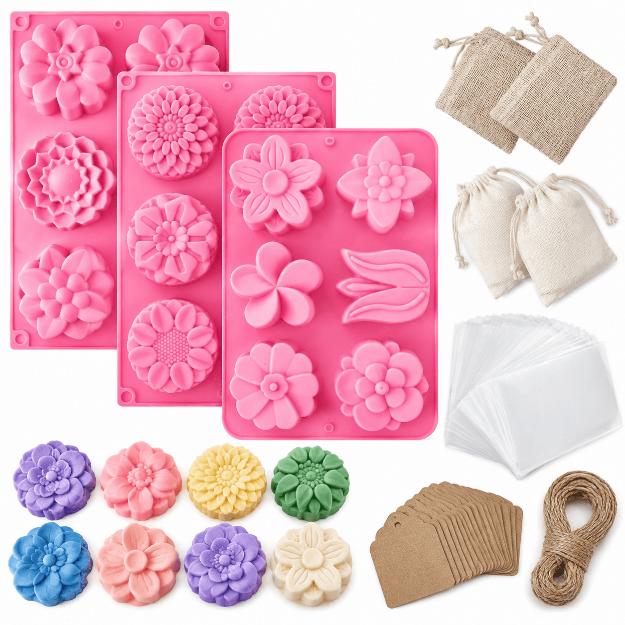 104-Piece Soap Making Kit with 3 Silicone Molds & 4 Foaming Bags ...