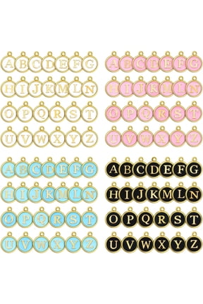 104 Pieces Double Sided Letter Charms A-Z Initial for Jewelry Making DIY Bracelet Necklace Craft Accessories(Black, White, Pink, Blue)