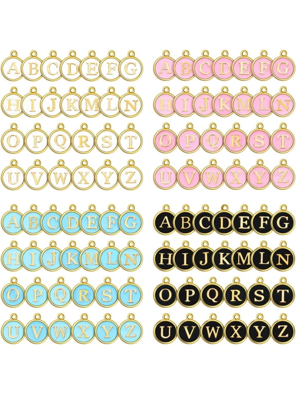 104 Pieces Double Sided Letter Charms A-Z Initial for Jewelry Making DIY Bracelet Necklace Craft Accessories(Black, White, Pink, Blue)