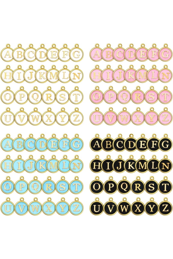 104 Pieces Double Sided Letter Charms A-Z Initial for Jewelry Making DIY Bracelet Necklace Craft Accessories(Black, White, Pink, Blue)