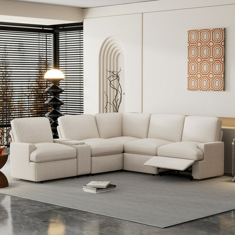104 Power Recliner Corner Sofa with Storage Box Sectional Couches with USB Ports Cup Holders and Power Socket Home Theater Reclining Sofa for