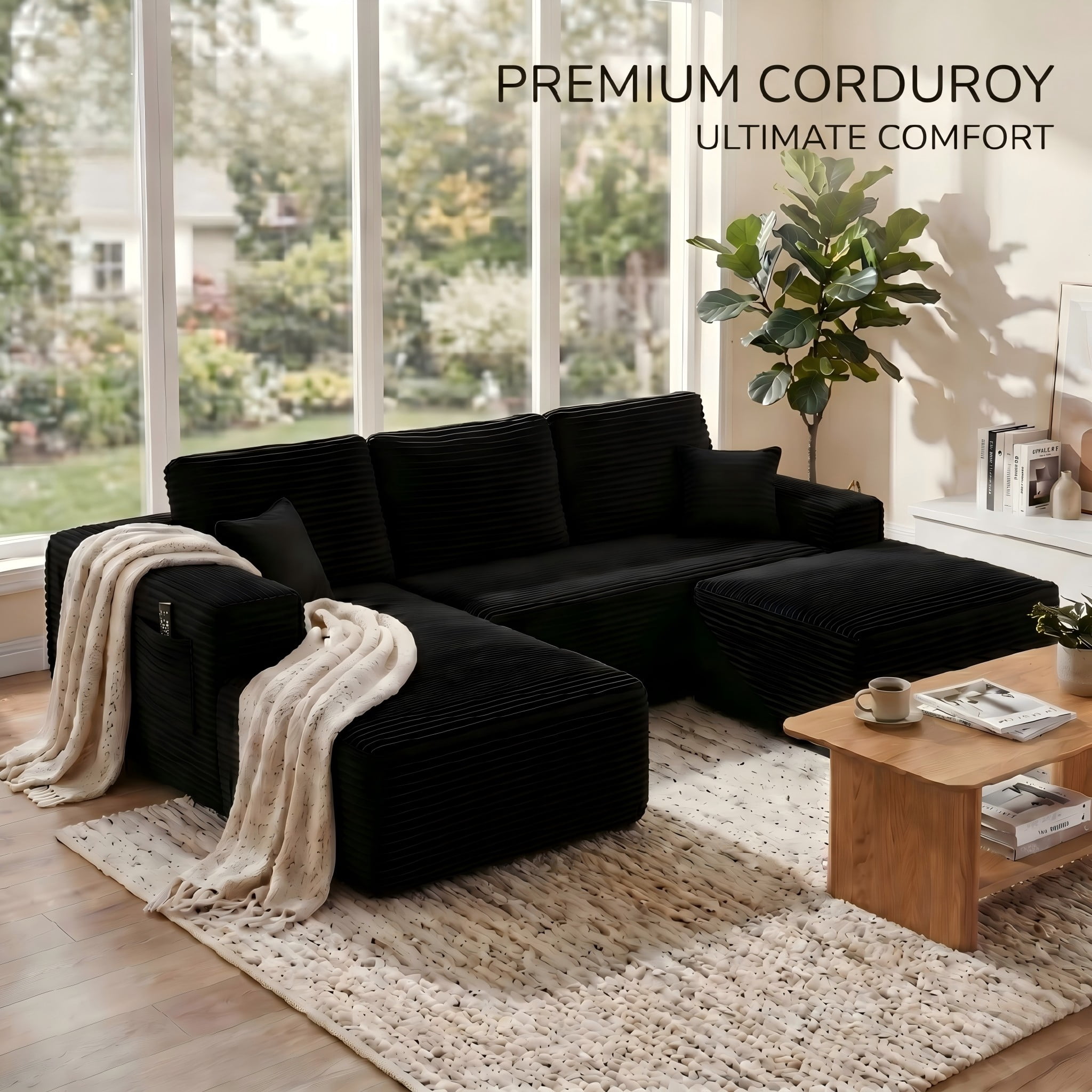 104" Premium Corduroy Sectional Sofa with Reversible Chaise, U-Shape Modular Couch with Deep Seating, Pocket Spring Cushions, Side Pockets, Tool-Free Assembly for Living Room, Left Facing (Black)