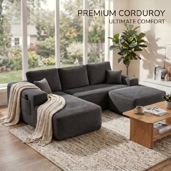 104" Premium Corduroy Sectional Sofa with Reversible Chaise, U-Shape Modular Couch with Deep Seating, Pocket Spring Cushions, Side Pockets, Tool-Free Assembly for Living Room, Left Facing (Grey)