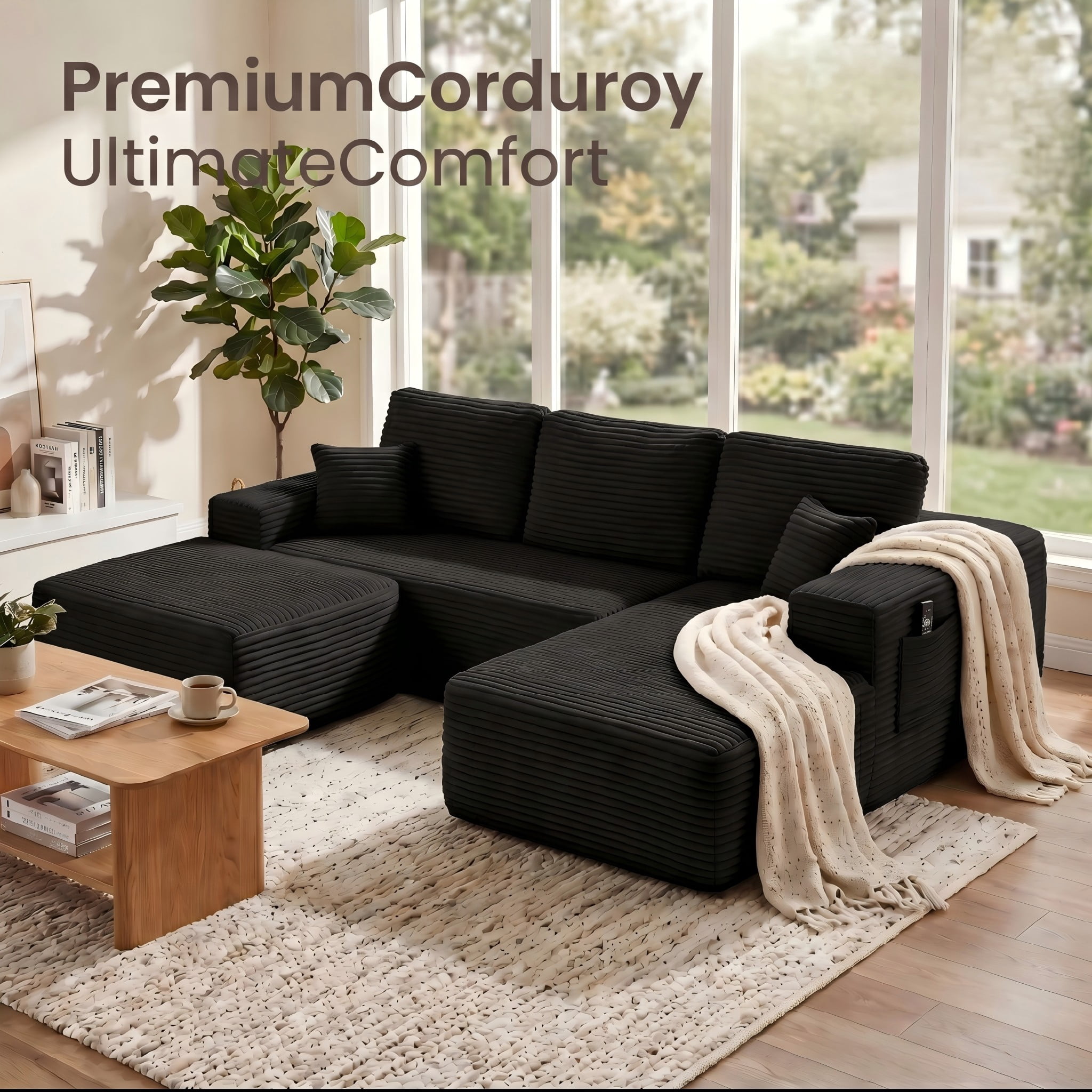104" Premium Corduroy Sectional Sofa with Reversible Chaise, U-Shape Modular Couch with Deep Seating, Pocket Spring Cushions, Side Pockets, Tool-Free Assembly for Living Room, Right Facing (Black)