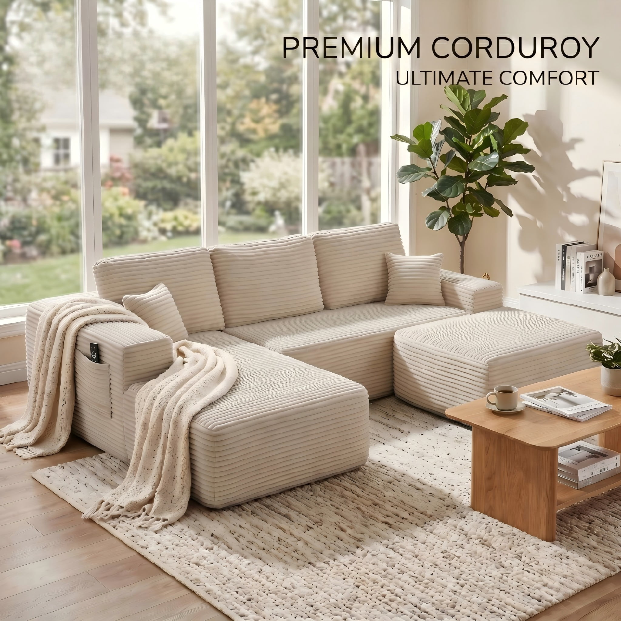 104" Premium Corduroy Sectional Sofa with Reversible Chaise, U-Shape Modular Couch with Deep Seating, Pocket Spring Cushions, Side Pockets, Tool-Free Assembly for Living Room, Left Facing (Beige)