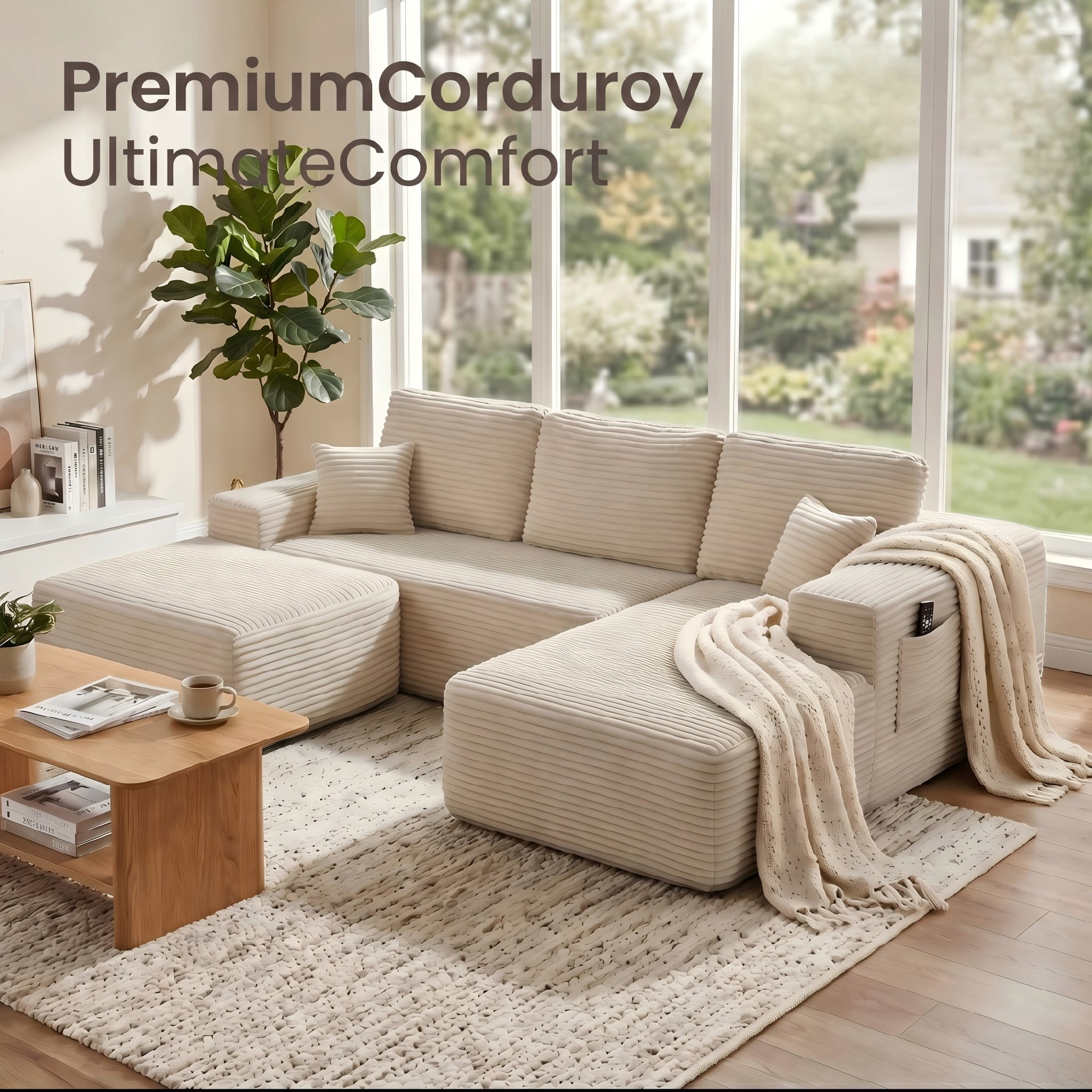104" Premium Corduroy Sectional Sofa with Reversible Chaise, U-Shape Modular Couch with Deep Seating, Pocket Spring Cushions, Side Pockets, Tool-Free Assembly for Living Room, Right Facing (Beige)
