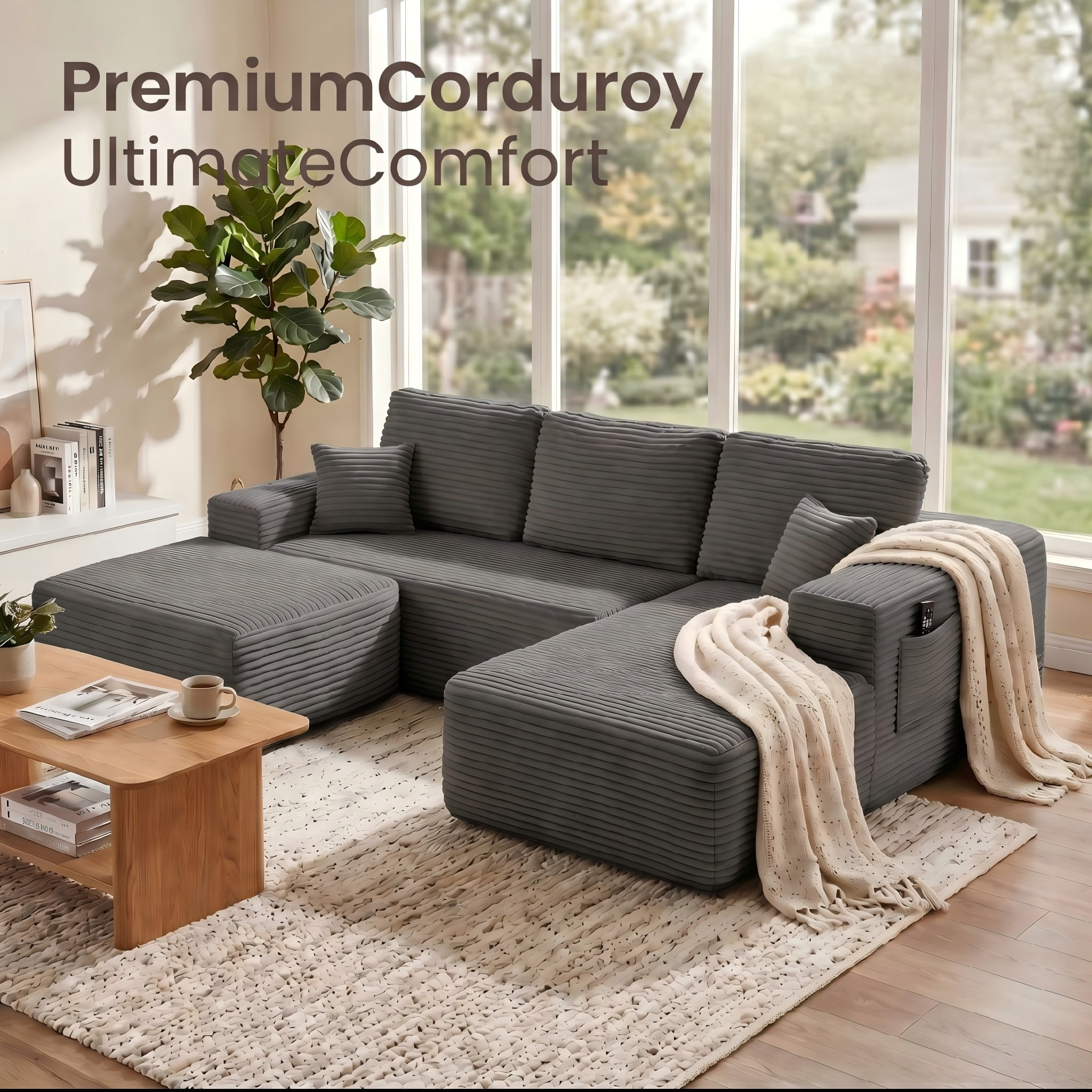 104" Premium Corduroy Sectional Sofa with Reversible Chaise, U-Shape Modular Couch with Deep Seating, Pocket Spring Cushions, Side Pockets, Tool-Free Assembly for Living Room, Right Facing (Grey)