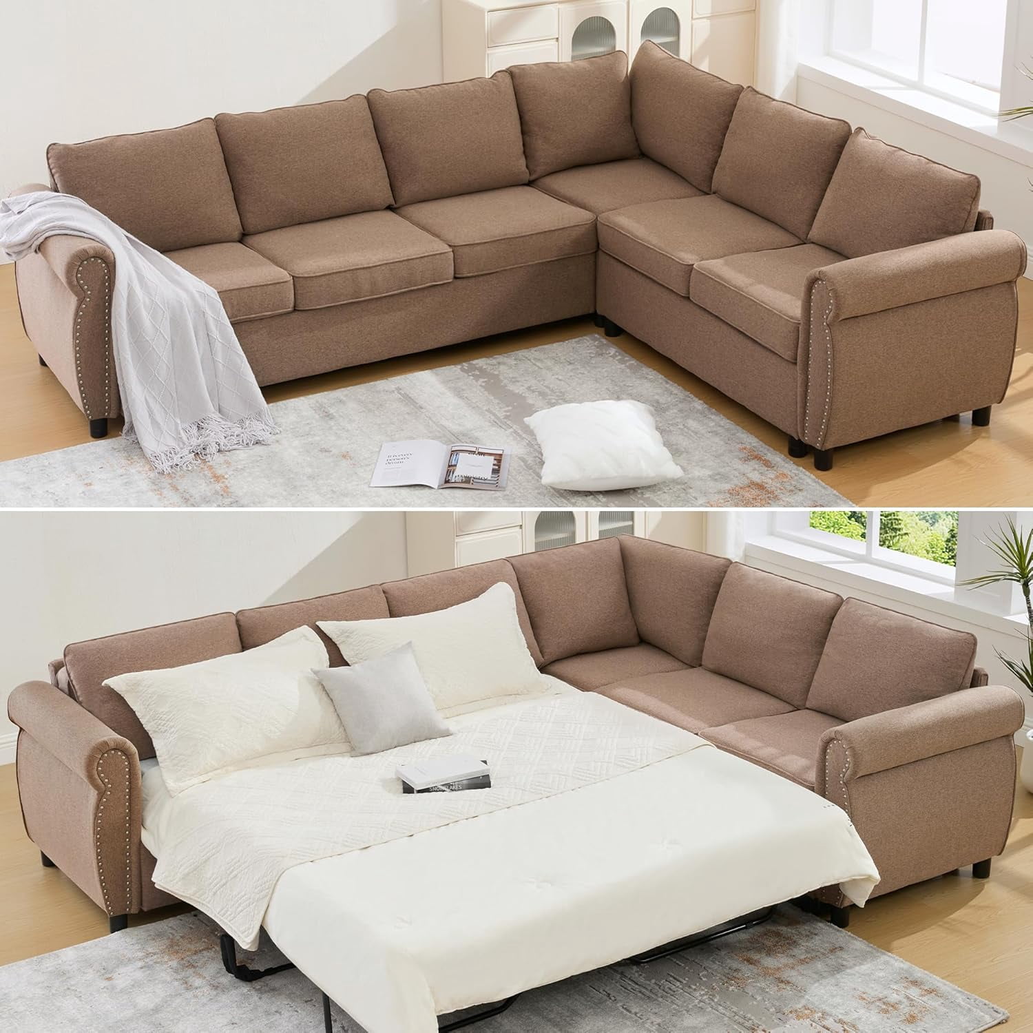 104'' Pull Out Couch, Convertible Sleeper Sofa Bed Queen, Upholstered Sectional Sofa with Mattress, 6-Seater L-Shaped Couch, Modern Sectional Couches for Living Room, Apartment, Studio,Brown