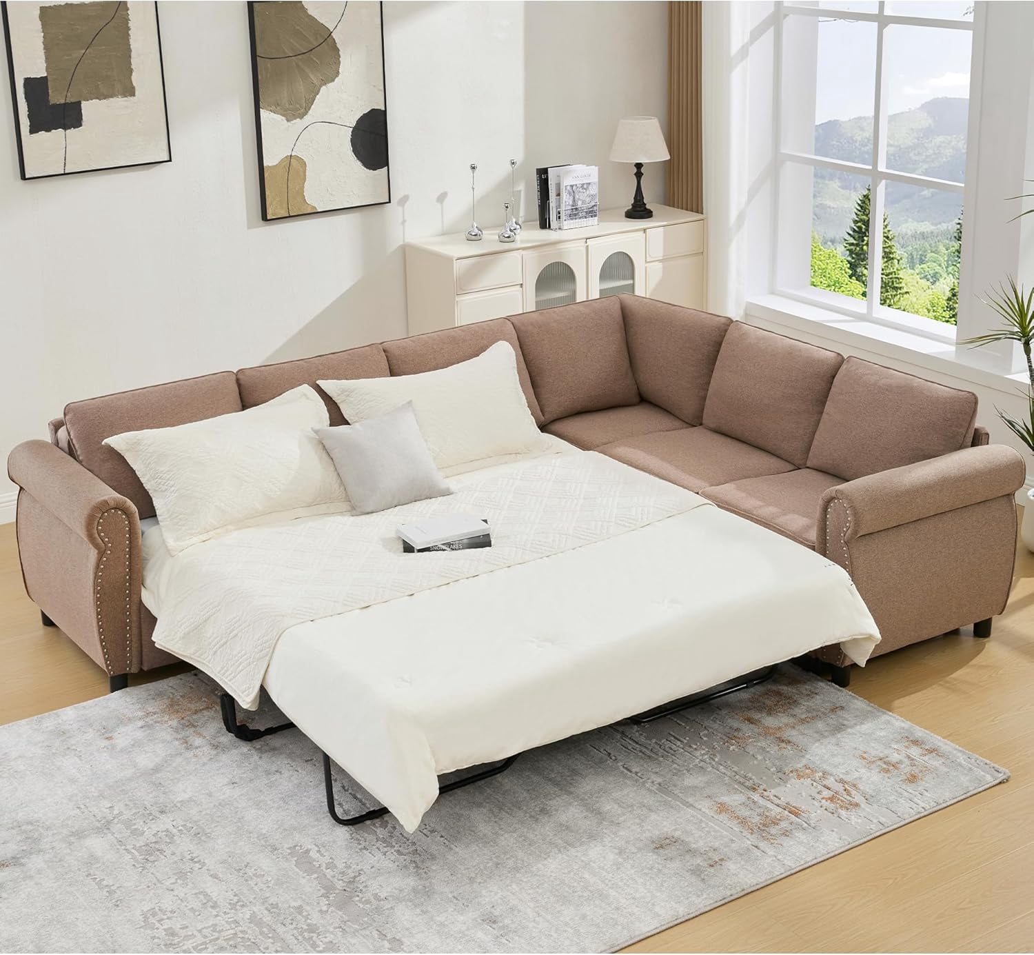 104'' Pull Out Couch, Convertible Sleeper Sofa Bed Queen, Upholstered Sectional Sofa with Mattress, 6-Seater L-Shaped Couch, Modern Sectional Couches for Living Room, Apartment, Studio,Brown