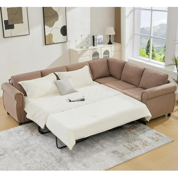 104'' Pull Out Couch, Convertible Sleeper Sofa Bed Queen, Upholstered Sectional Sofa with Mattress, 6-Seater L-Shaped Couch, Modern Sectional Couches for Living Room, Apartment, Studio,Brown