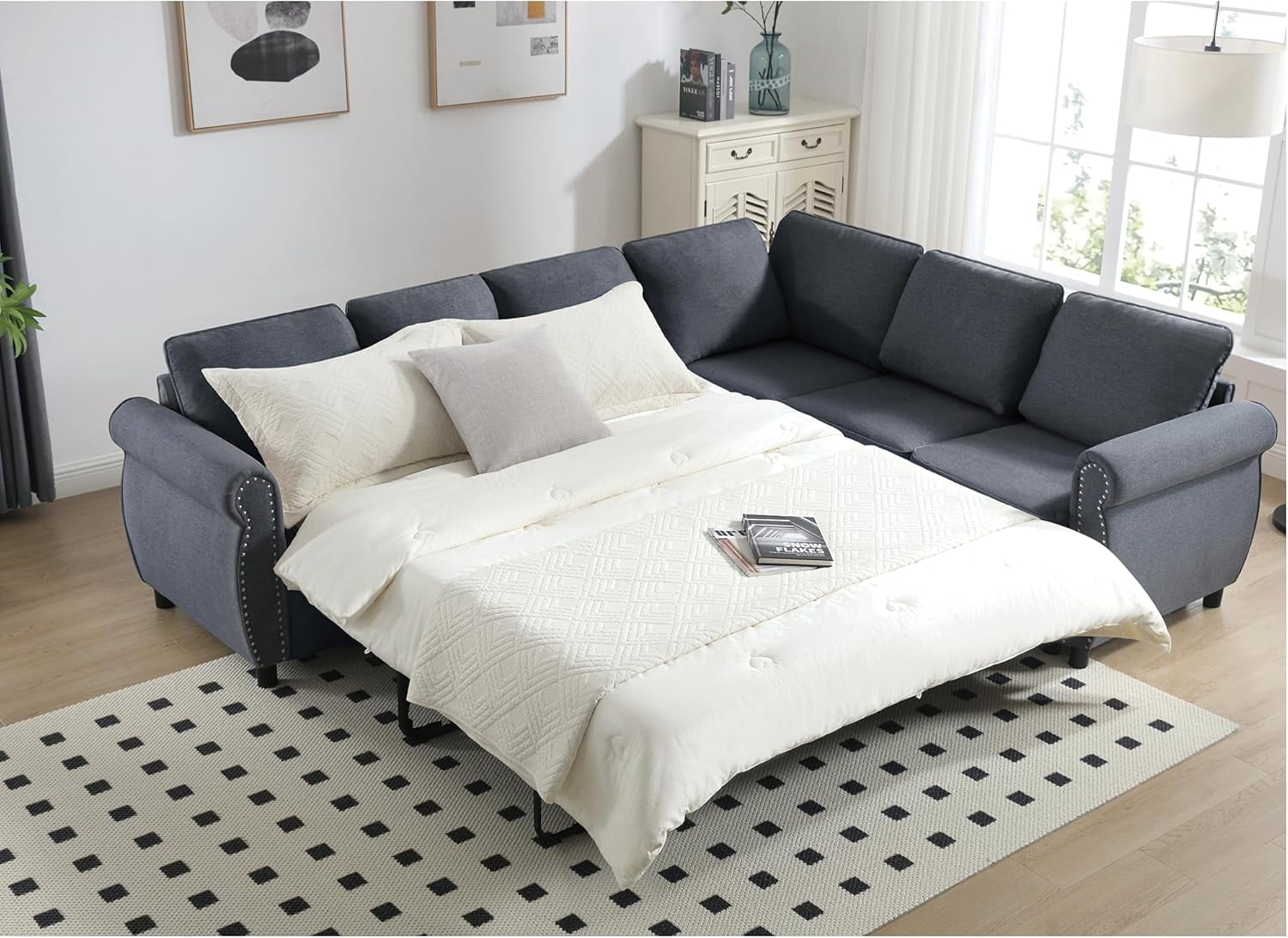 104'' Pull Out Couch, Convertible Sleeper Sofa Bed Queen, Upholstered Sectional Sofa with Mattress, 6-Seater L-Shaped Couch, Modern Sectional Couches for Living Room, Apartment, Studio,Grey