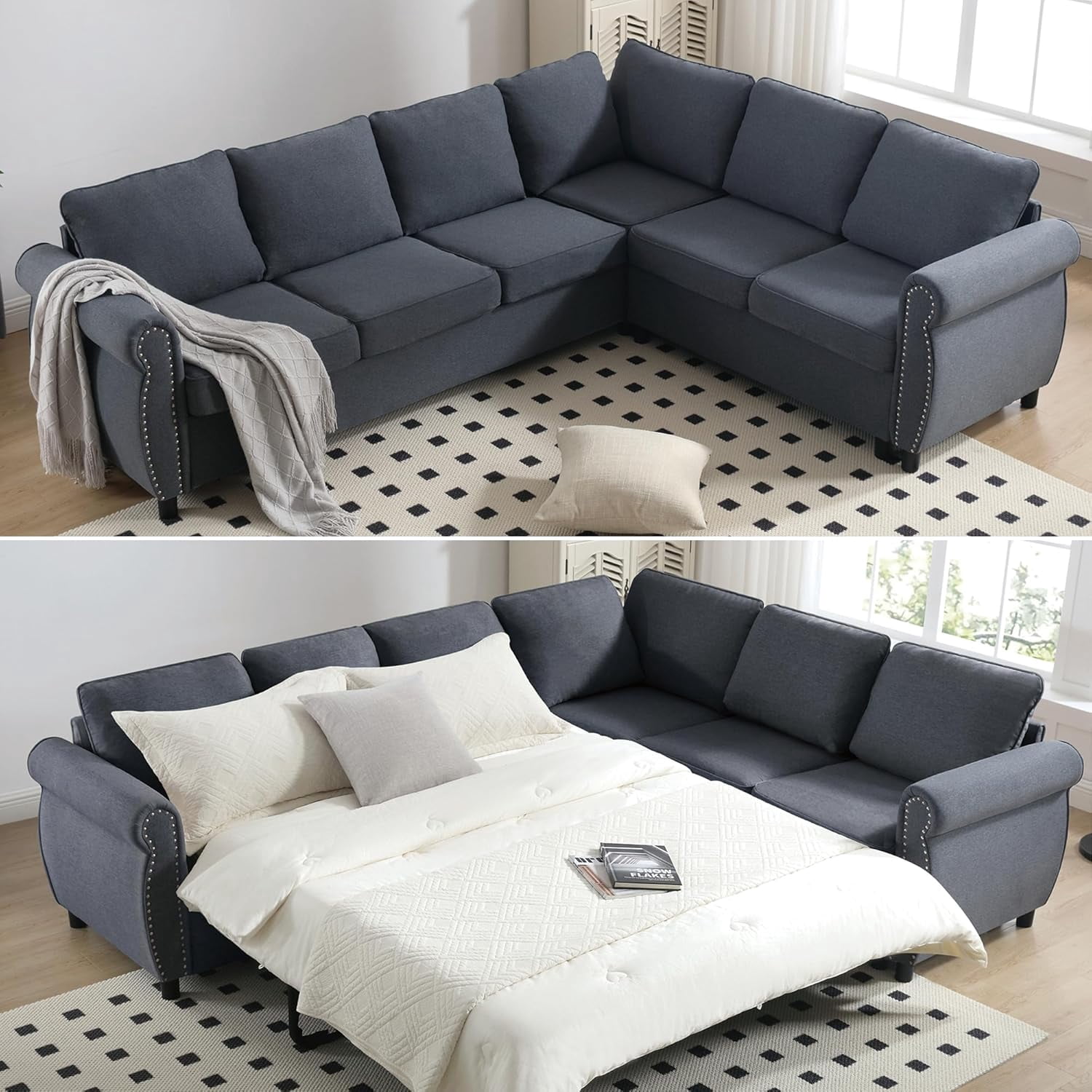 104'' Pull Out Couch, Convertible Sleeper Sofa Bed Queen, Upholstered Sectional Sofa with Mattress, 6-Seater L-Shaped Couch, Modern Sectional Couches for Living Room, Apartment, Studio,Grey