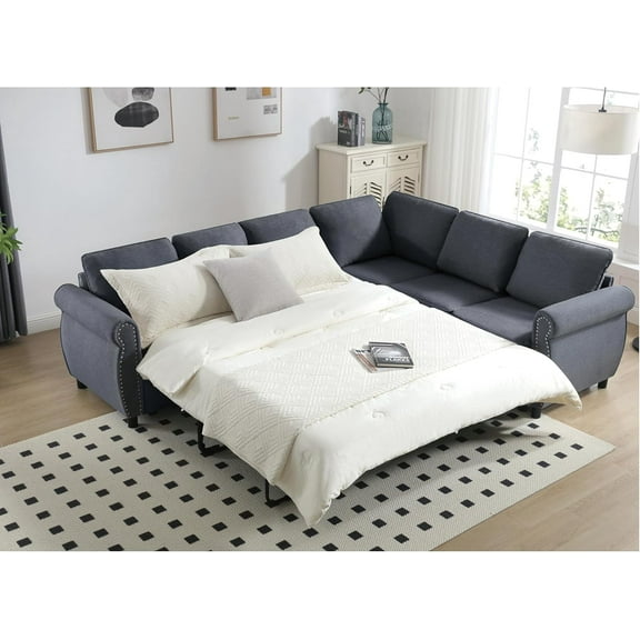 104'' Pull Out Couch, Convertible Sleeper Sofa Bed Queen, Upholstered Sectional Sofa with Mattress, 6-Seater L-Shaped Couch, Modern Sectional Couches for Living Room, Apartment, Studio,Grey