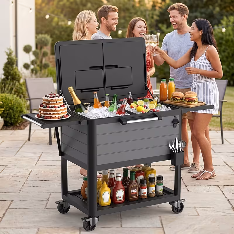 104 Qt Rolling Ice Chest Cooler Cart - Durable Outdoor Trolley with Storage Shelf, Built-In Bottle Opener And Wheels , Perfect for Parties, Camping, Picnics,And Barbecues,Grey