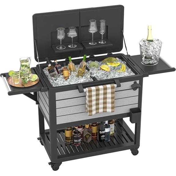 104 Quart Large Capacity Rolling Ice Chest with Shelves, Outdoor Beverage Bar Cart with Handles for Pool Deck BBQ Cookouts Party