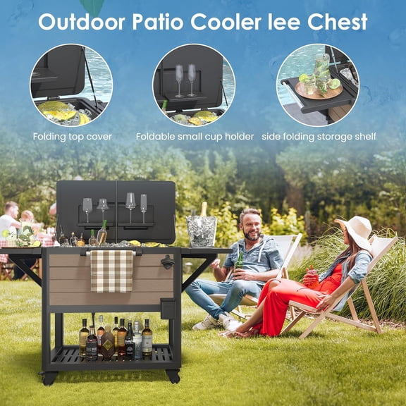 104 Quart Rolling Cooler Cart for Patio, Outdoor Portable Ice Chest Beverage Bar Cart with Wheels, Storage Shelf for Party, Backyard, BBQ, Deck