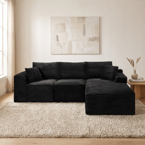 104" Ribbed Corduroy Modular Sleeper Sofa, Freely Combined Chaise Lounge with Full Base, Cloud Sectional Couch with No Assembly for Living Room Spaces, Black