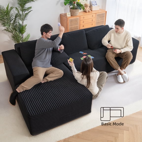 104" Sectional Sofa with Lounge, L-Shape Living Room Cloud Modular Convertible Sleeper Sofa, Corduroy Couch Deep Seat Sleeper Set,Bedroom Reversible Sofa W/Pillows,Black,Left
