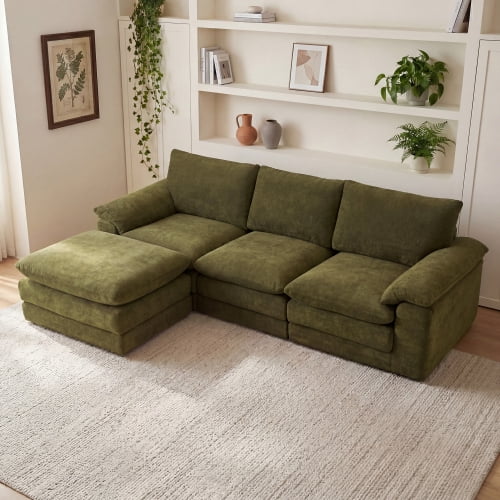 104" U Shape Cloud Couch with Movable Ottoman, Chenille Deep Seat Sofa with Soft Pillows, Green