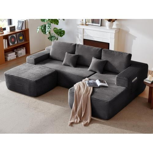 104" U-Shaped Cloud Sectional Couch With Chaise, Modern Modular Sofa No Assembly Required, Plush Deep Seat Upholstered Living Room Furniture, Grey Right Chaise