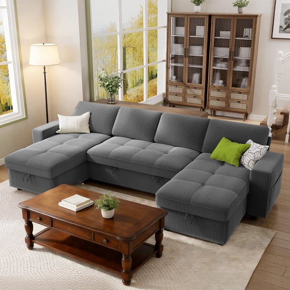 104" U-Shaped Sectional Sleeper Sofa Bed with Double Chaise, Pull Out Couch with USB Charging Ports and 5-Position Backrest, Corduroy Dark Gray