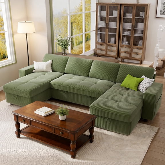 104" U-Shaped Sectional Sleeper Sofa Bed with Double Chaise, Pull Out Couch with USB Charging Ports and 5-Position Backrest, Corduroy Green