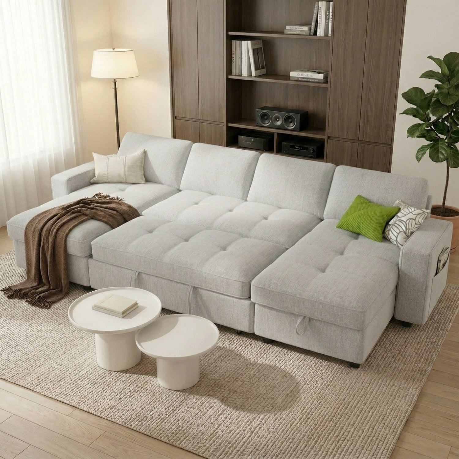 104" U-Shaped Sectional Sleeper Sofa Bed with Pull Out Couch, Large Chenille Sofa with Double Chaises and USB Ports, Creamy Beige