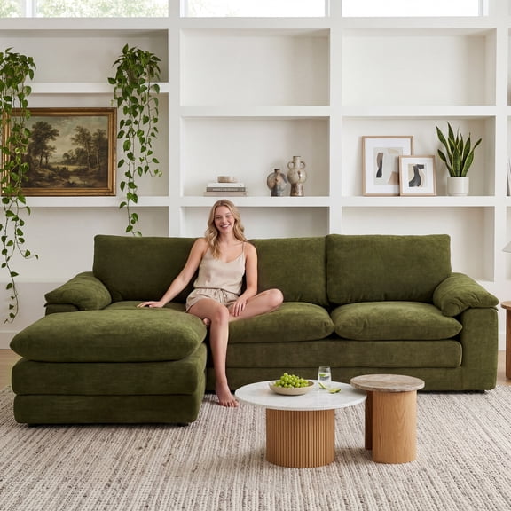 104" Wide Modular Sectional Sofa with Reversible Ottoman, Deep Seat Cloud Couch in Breathable Chenille