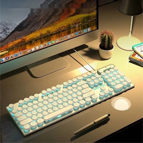 104 key full size usb wired keyboard silent typing ergonomic backlit keys punky typewriter style plug and play no batteries required multi system