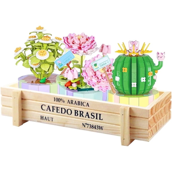 1040 piece building block set, children's toys, with 3 types of flowers (daisy+cactus+lotus) and a wooden base for plant enthusiasts to use, Children's Day