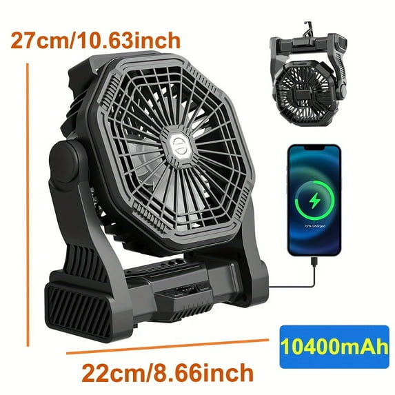 10400/20000mAh Camping Fan with Light, 4-Level LED Brightness, Multi-Speed & Rotatable, Portable 2-in-1 Cooling & Lighting Fan for Tent, Outdoor & Office
