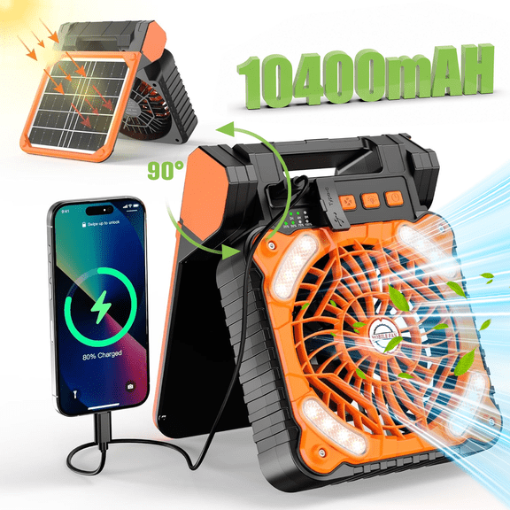 10400mAh Solar Camping Fan with Light,Camping Fan with Solar Panel,18H Run Time Max,4 Speeds,3 Timer Settings,90°Adjustable Portable Desk Fan for Hurricane,Power Outage,Outdoor Use(Orange)