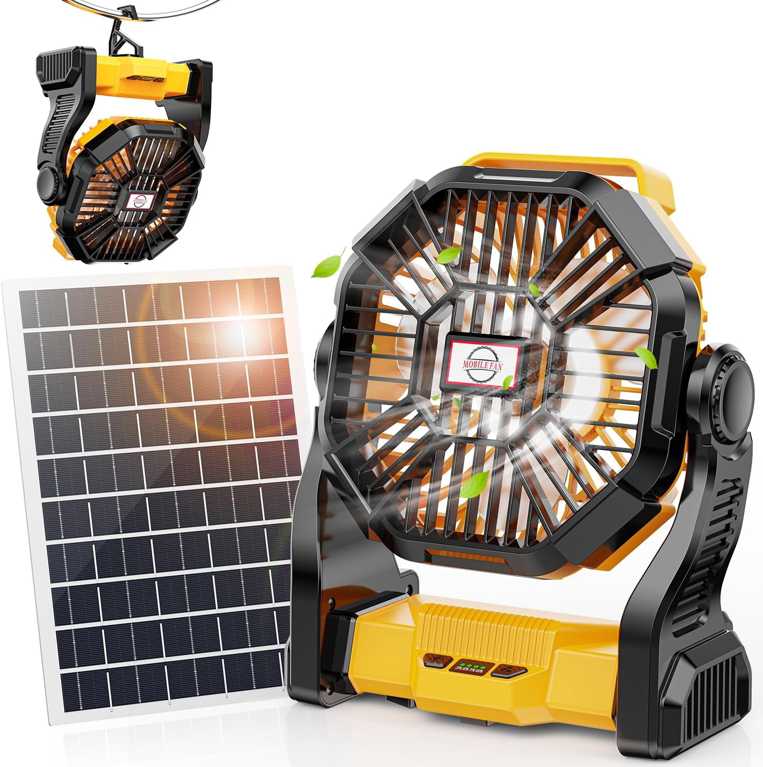 10400mAh Solar Fan, Camping Fan with 7W Solar Panel, Rechargeable Solar Powered Fan with LED Lantern,Portable Battery Operated Fan for Travel Picnic, Barbecue, Fishing,Outdoor＆Indoor