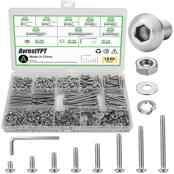 1040PCS M3 Assorted Nuts and Bolts Kit, M3x6/8/10/12/20/25/30/40mm Screw Kits, Metric Hex Button Head Cap Screws, Nuts and Flat Washers, for 3D Printer Mods, Bed Frame, Furniture, Automotive