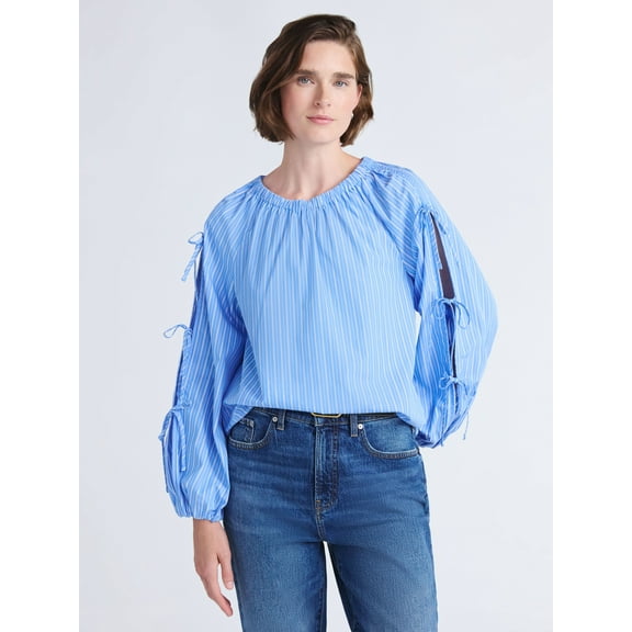 Free Assembly Women's and Women's Plus Gathered Neck Cotton Top with Long Tie Sleeves, Sizes XS-4X