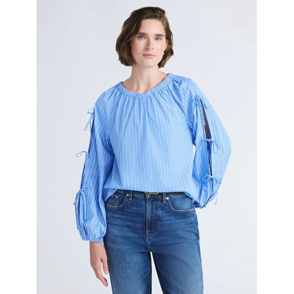 Free Assembly Women's and Women's Plus Gathered Neck Cotton Top with Long Tie Sleeves, Sizes XS-4X