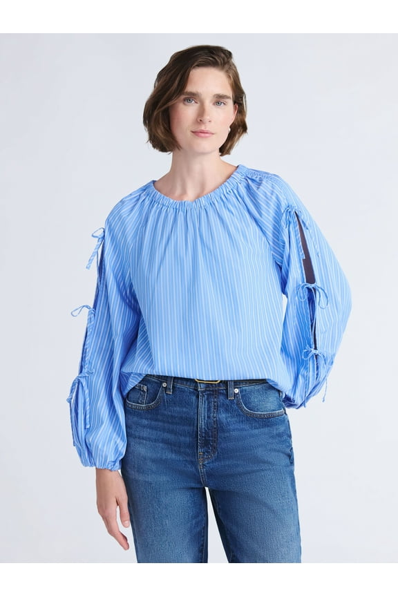 Women's and Women's Plus Gathered Neck Cotton Top with Long Tie Sleeves, Sizes XS-4X