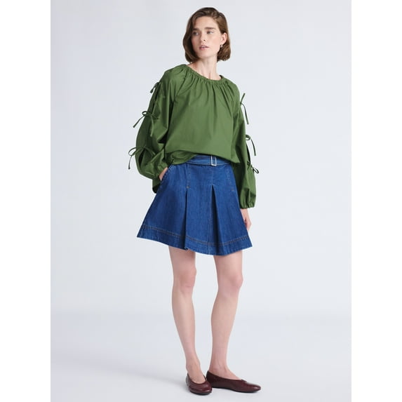 Free Assembly Women's and Women's Plus Gathered Neck Cotton Top with Long Tie Sleeves, Sizes XS-4X