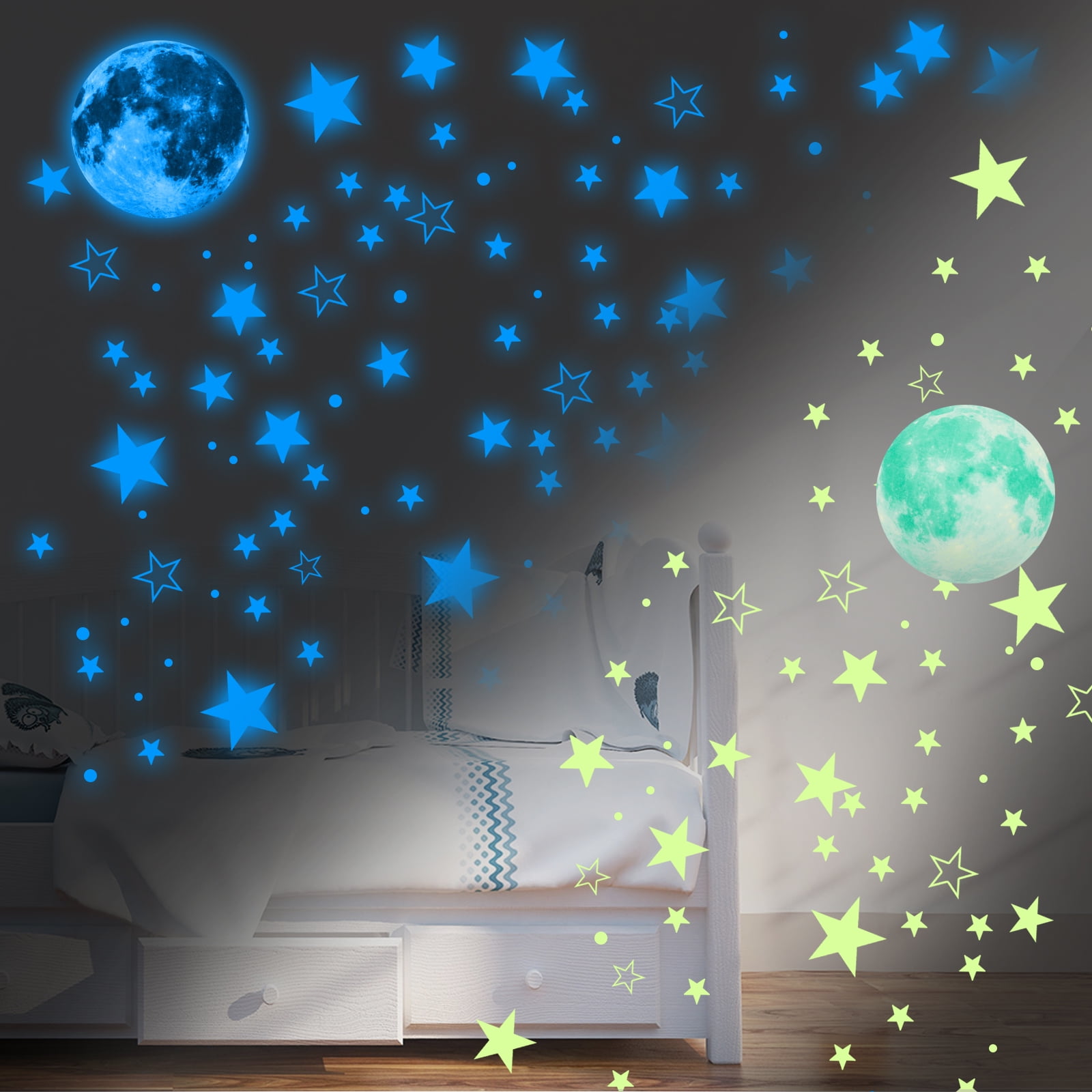 1049pcs Glow in The Dark Stars for Ceiling, TSV Night Luminous Wall Stickers Adhesive Stars Moon Wall Decals, Bright Glowing Dot Realistic Stars Full Moon for Starry Sky Ceiling Teenagerss Nursery